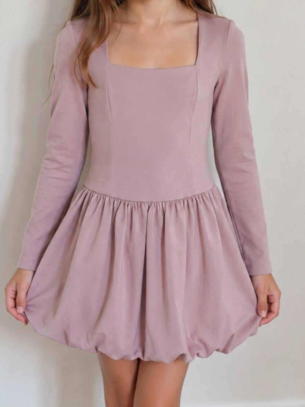 Bubble Skirt Mini Dress Long Sleeves Dusty Pink XS NWT